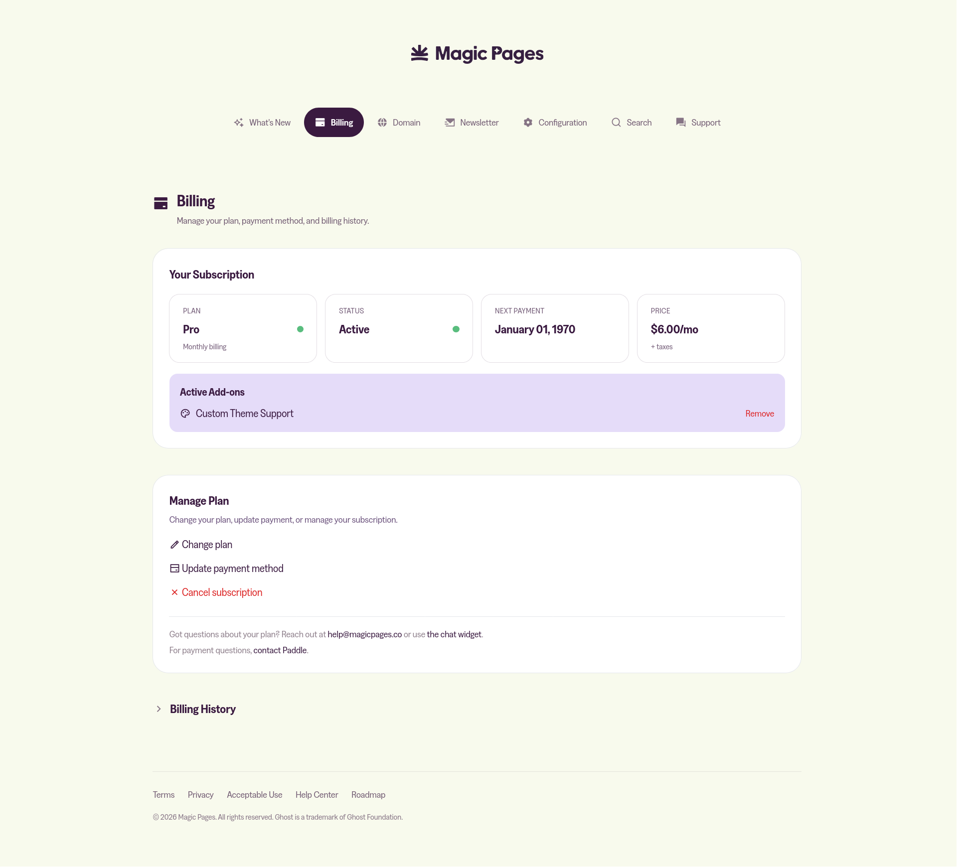 Magic Pages customer portal showing clean interface