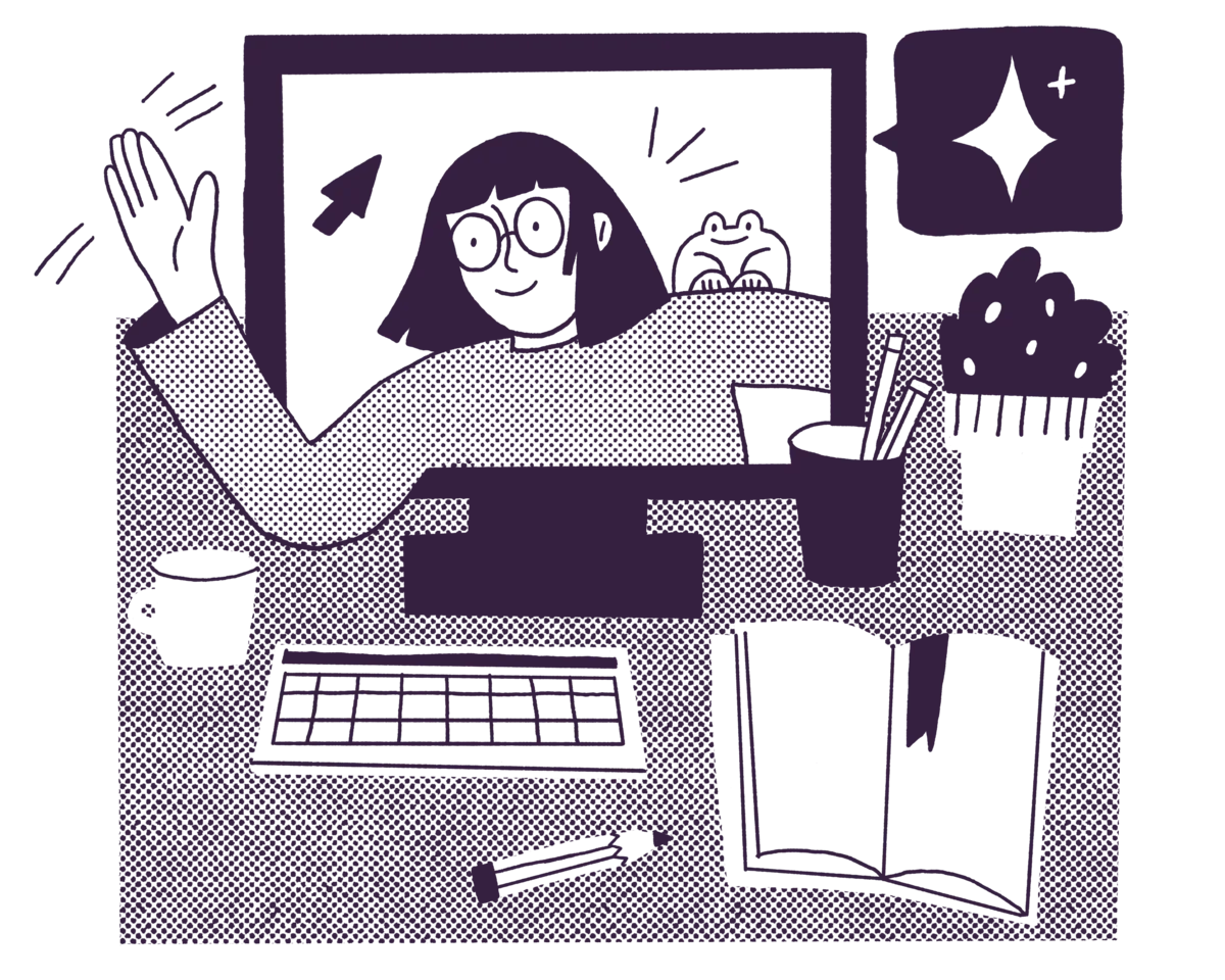 An illustration of a writer waving from their screen, at a desk with a keyboard, a notebook and pencils