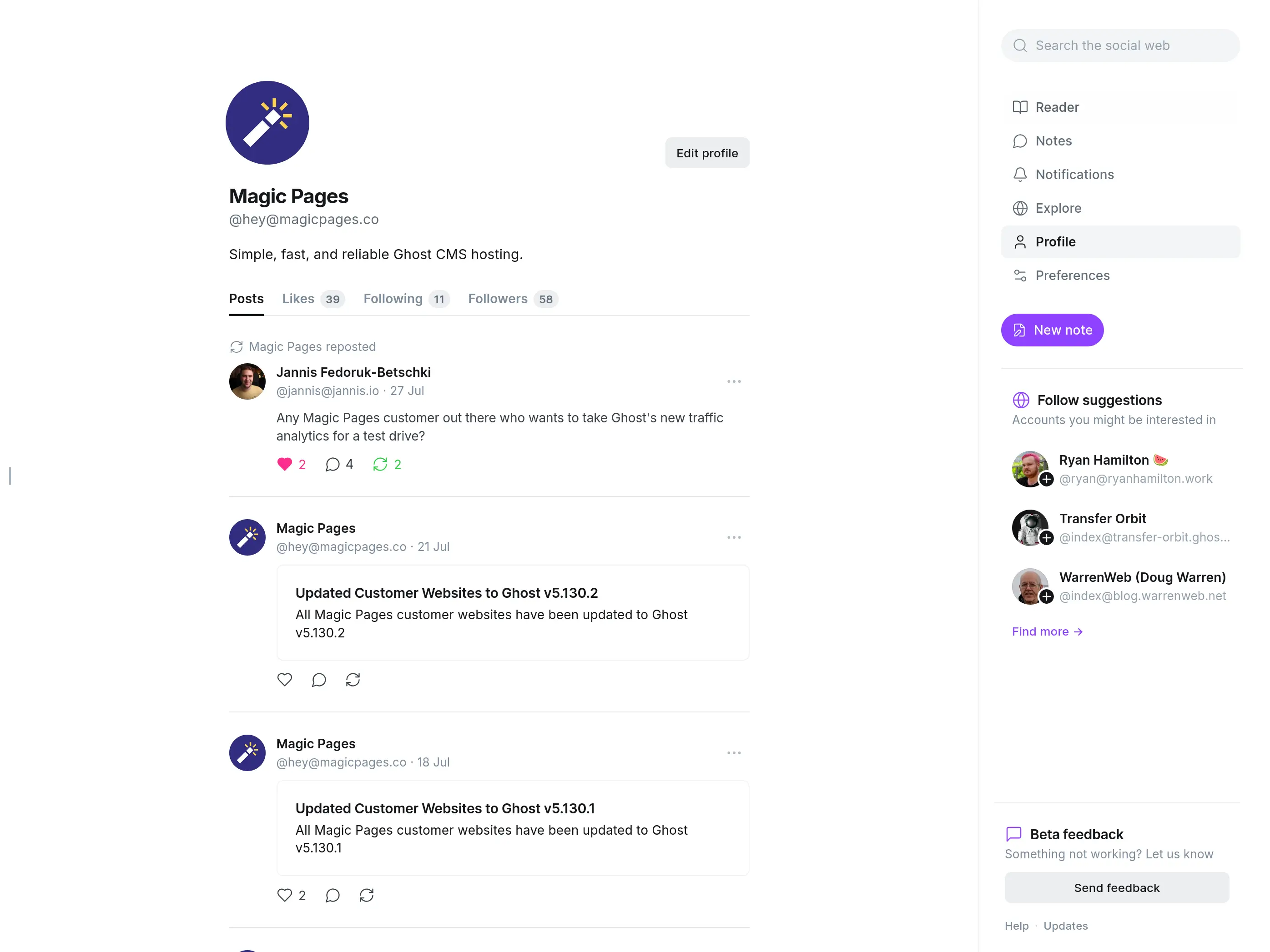 Ghost Social Web feature showing ActivityPub integration