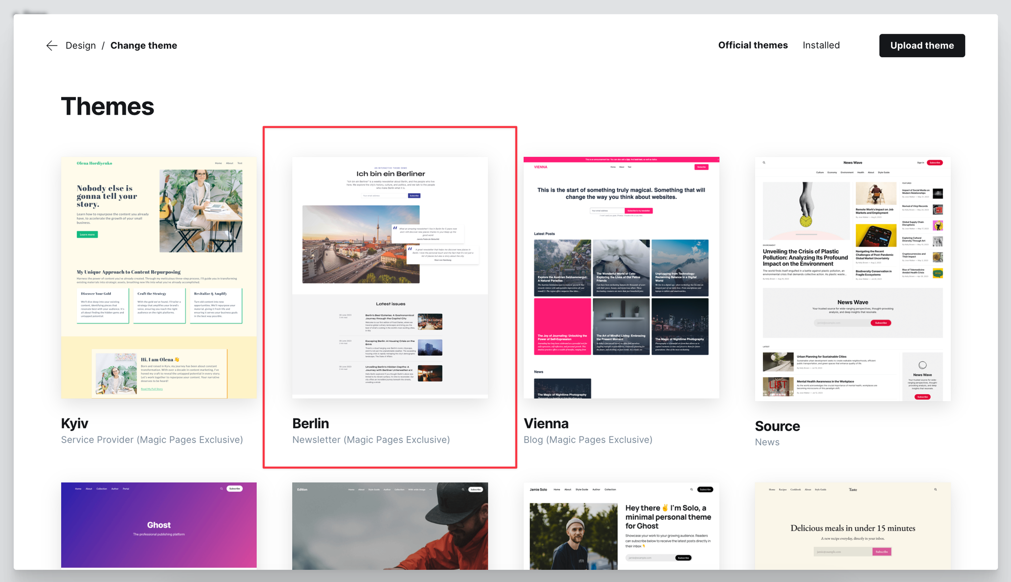 Screenshot of Ghost CMS' theme gallery with three Magic Pages exclusive themes in the beginning