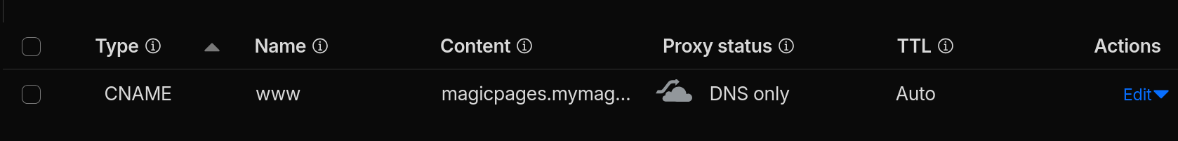 A screenshot of a Cloudflare DNS record with the Proxy status set to "DNS only"