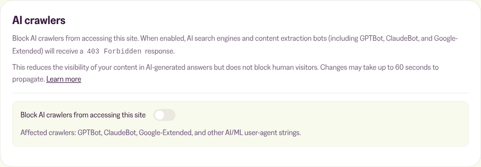 The AI crawlers section in the Configuration tab, with the toggle off.