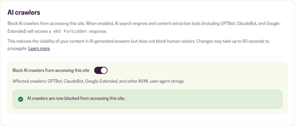 The AI crawlers section with the toggle on and a green confirmation message.