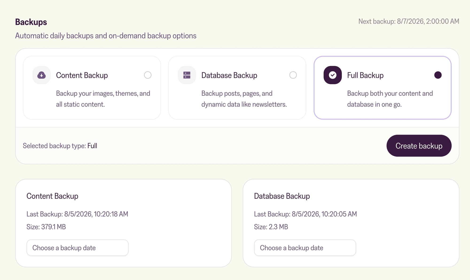 Option to generate a backup in Customer portal -> Support Tab