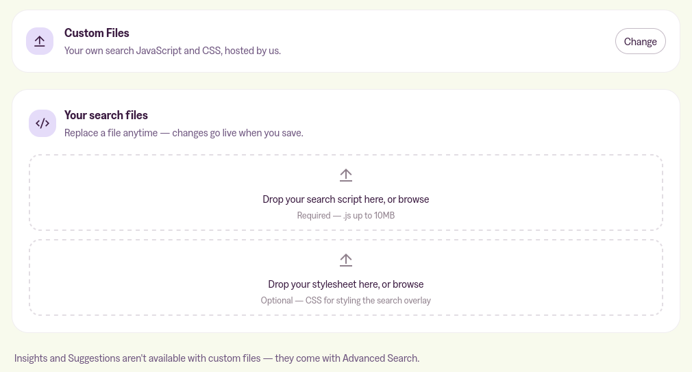The Custom Files panel, showing the required search script slot.