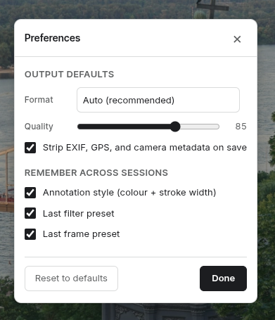Kalotyp editor's Preferences panel, showing output defaults and session settings.