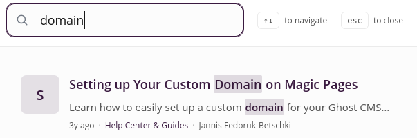 A search result for "domain" with the matched word highlighted in the title and excerpt.