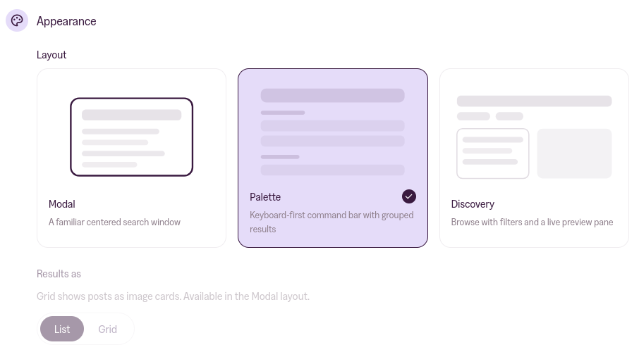The Appearance section with Palette selected.