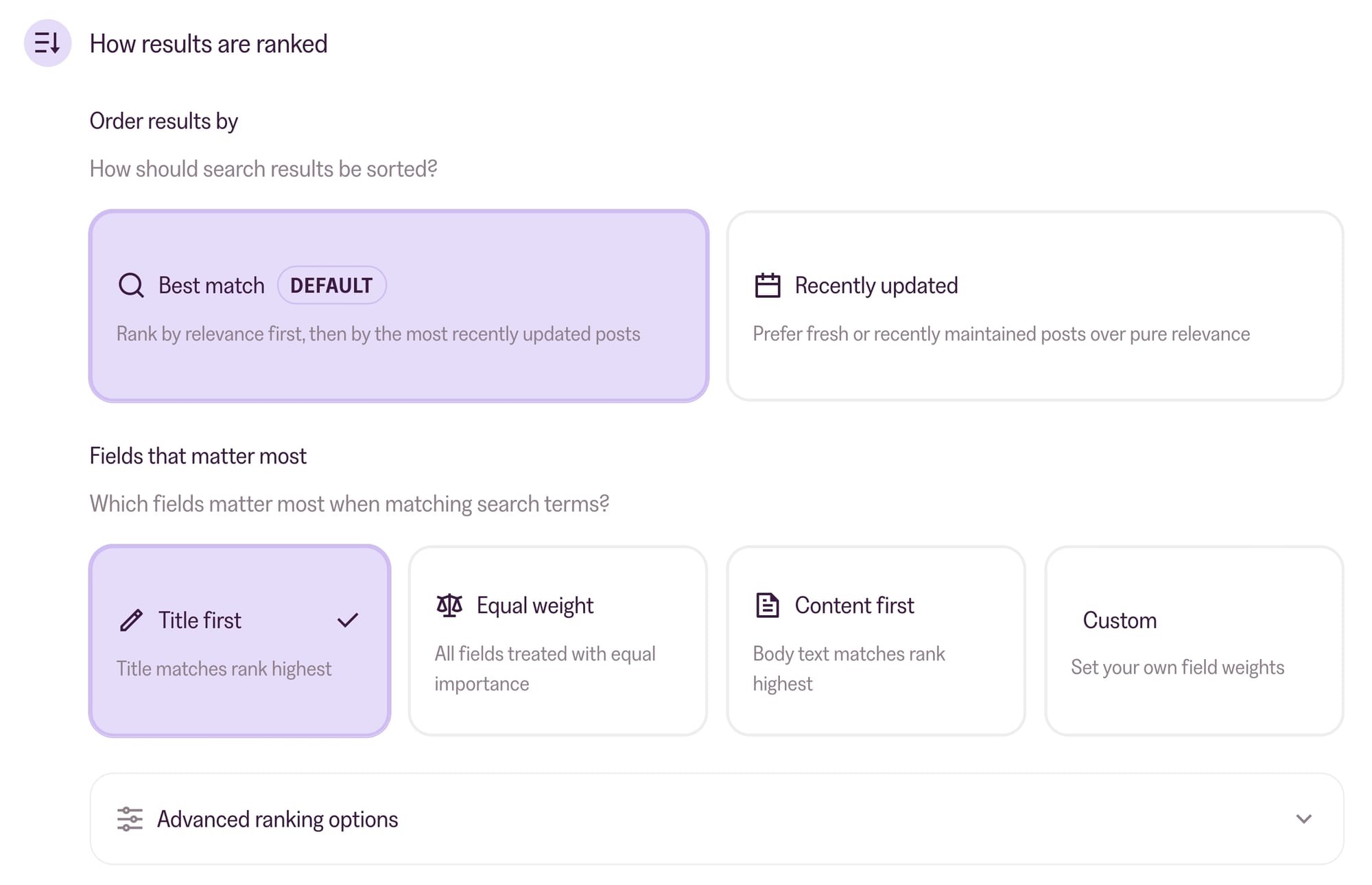 The How results are ranked section, with Order results by and Fields that matter most
