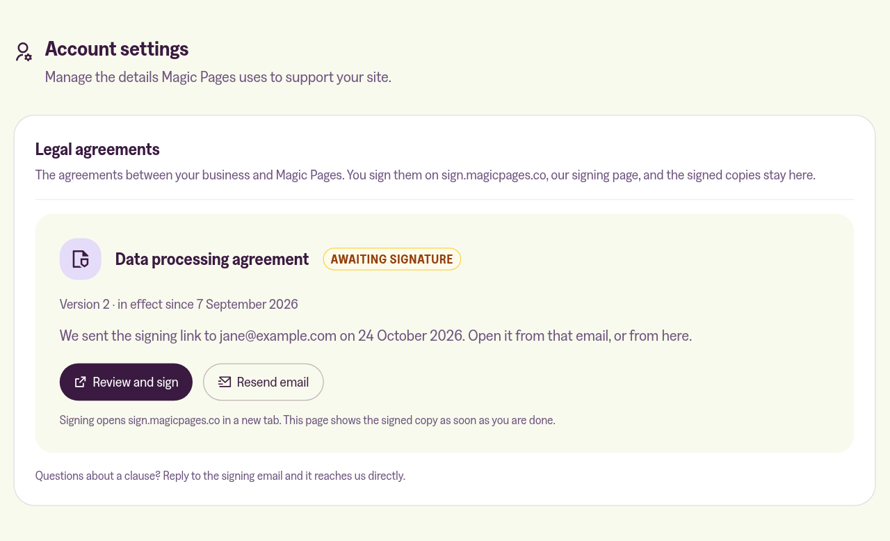 The data processing agreement marked Awaiting signature, with Review and sign and Resend email buttons