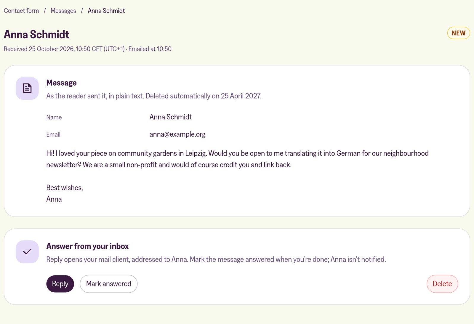 A single message in the customer portal: the sender's name and email address, the message as they sent it, the date it will be deleted, and the Reply, Mark answered and Delete buttons.