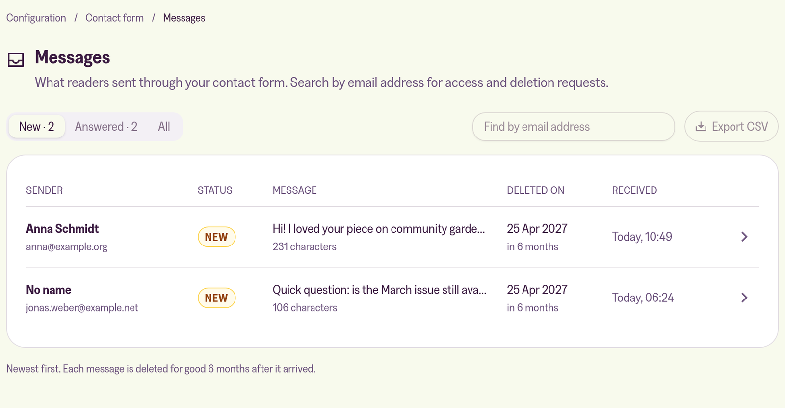 The messages page in the customer portal with 2 new messages. Each row shows the sender, the start of the message, the date it will be deleted and when it arrived. Above the list are the New, Answered and All filters, Find by email address and Export CSV.