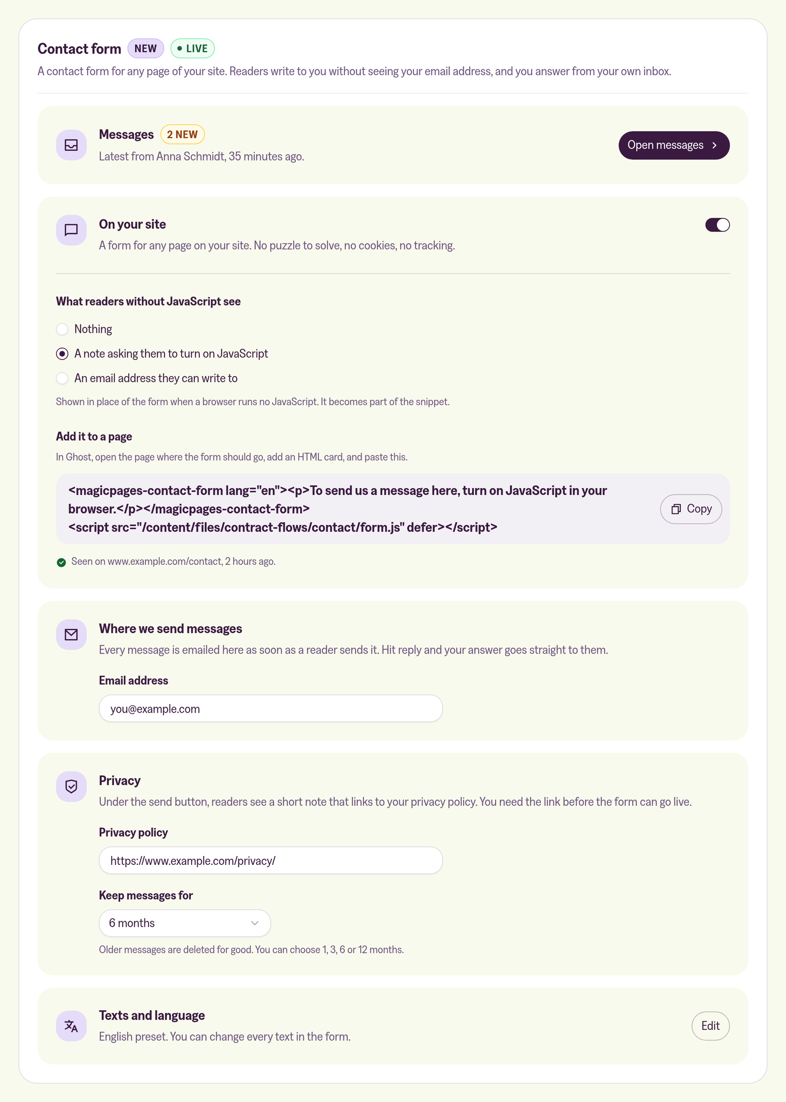 The contact form section in the customer portal, switched on and marked Live. It shows 2 new messages, the choice of what readers without JavaScript see, the snippet to paste into a page, and the settings for where messages go, privacy, and texts and language.