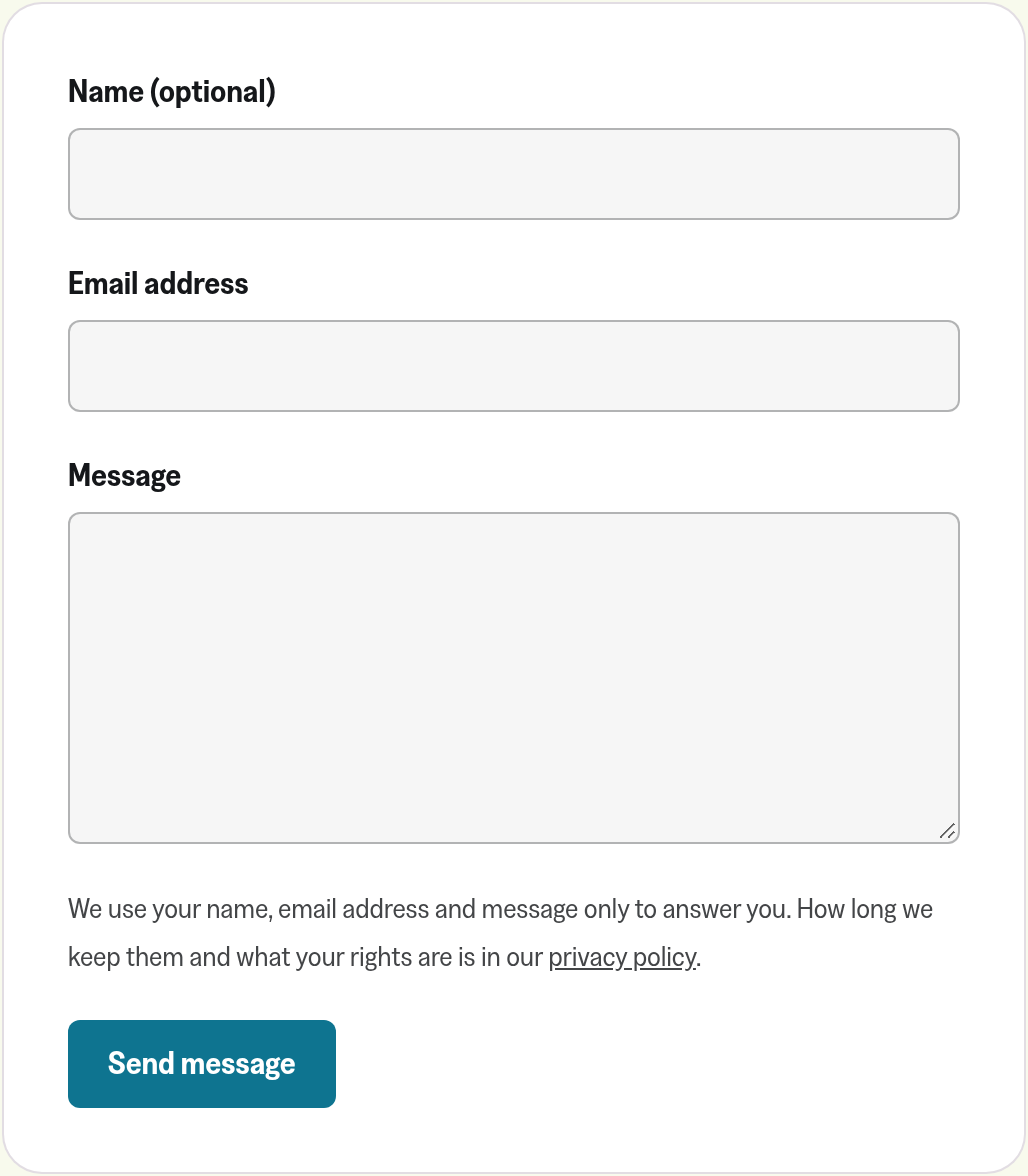 The contact form as readers see it: fields for an optional name, an email address and a message, a short privacy note that links to the privacy policy, and a Send message button in the site's accent colour.