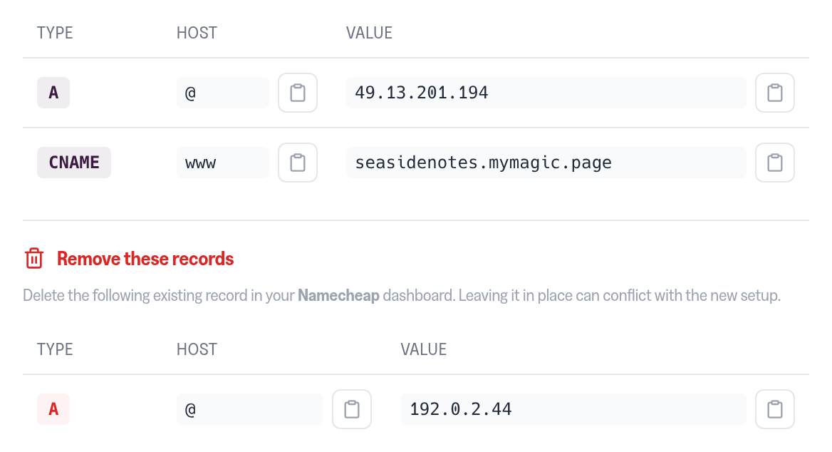 DNS records in the portal's DNS setup for www.seasidenotes.com at Namecheap: add an A record with host @ and value 49.13.201.194 and a CNAME record with host www and value seasidenotes.mymagic.page, and under "Remove these records" delete the existing A record with host @ and value 192.0.2.44, which would conflict with the new setup.