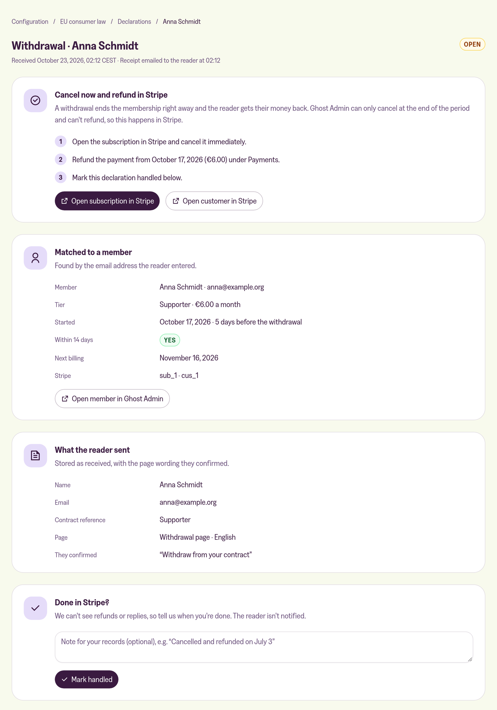 A withdrawal declaration with the next step Cancel now and refund in Stripe, the matched member and subscription, what the reader sent, and a Mark handled button