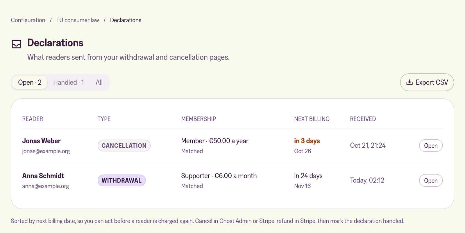 The Declarations list with two open declarations, a cancellation renewing in 3 days and a withdrawal renewing in 24 days, sorted by next billing date