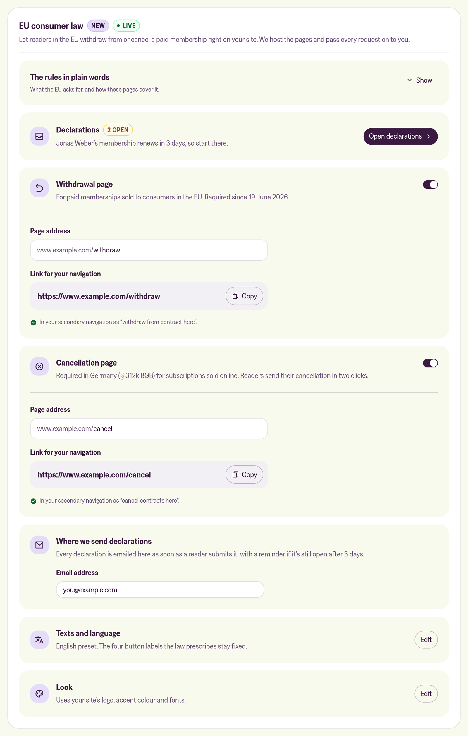 The EU consumer law section in the customer portal, showing it as Live with 2 open declarations, the Withdrawal page and Cancellation page switched on with their page addresses and navigation links, the email address for declarations, Texts and language, and Look
