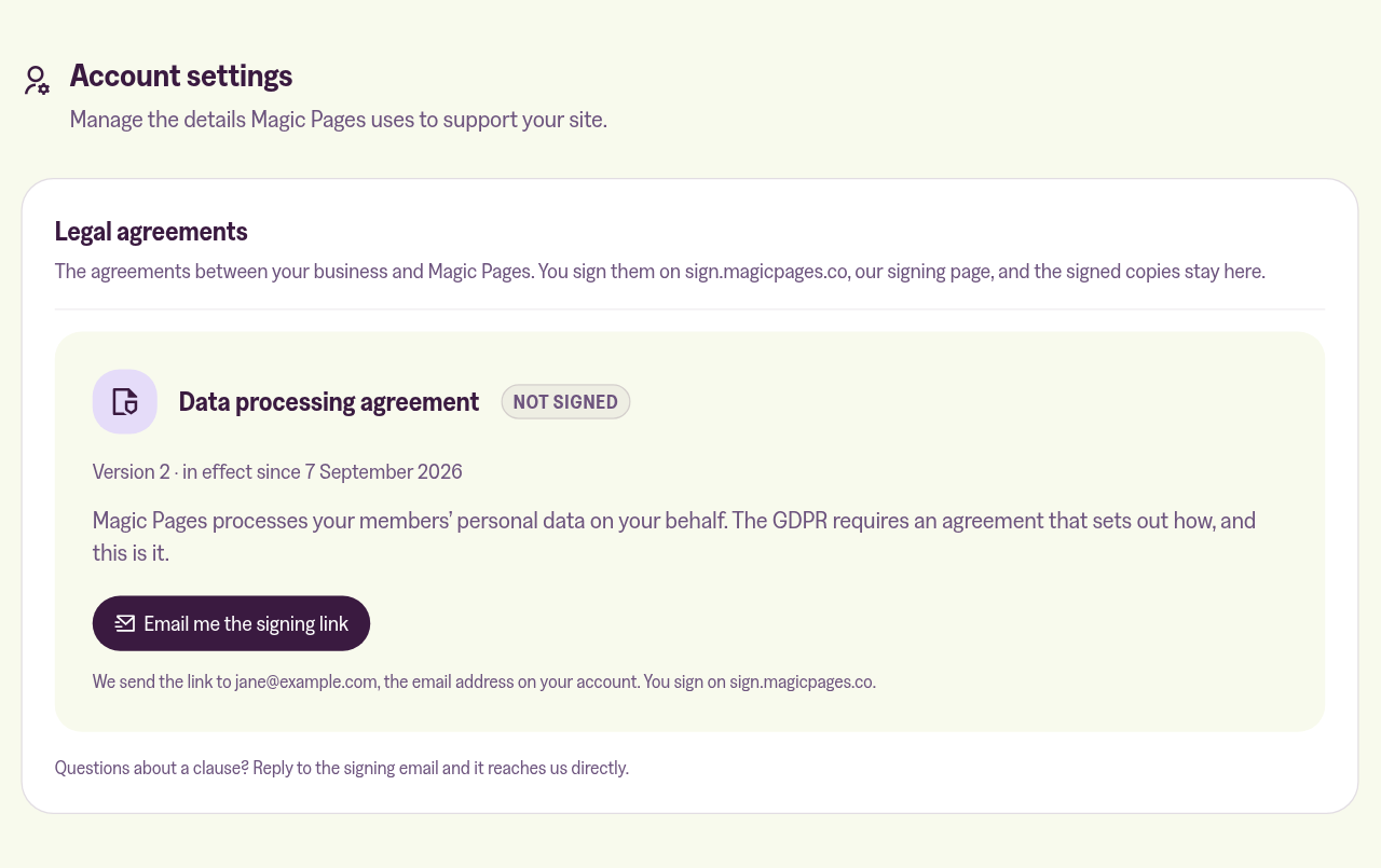 The Legal agreements section on the Account tab, with the data processing agreement marked Not signed and an Email me the signing link button
