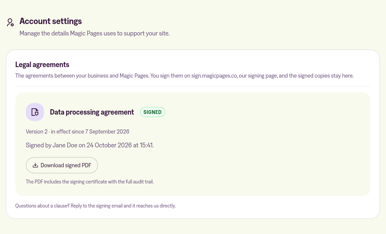 The data processing agreement marked Signed, signed by Jane Doe, with a Download signed PDF button